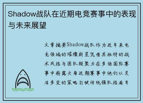 Shadow战队在近期电竞赛事中的表现与未来展望