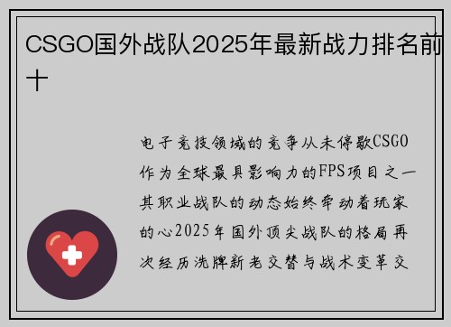 CSGO国外战队2025年最新战力排名前十